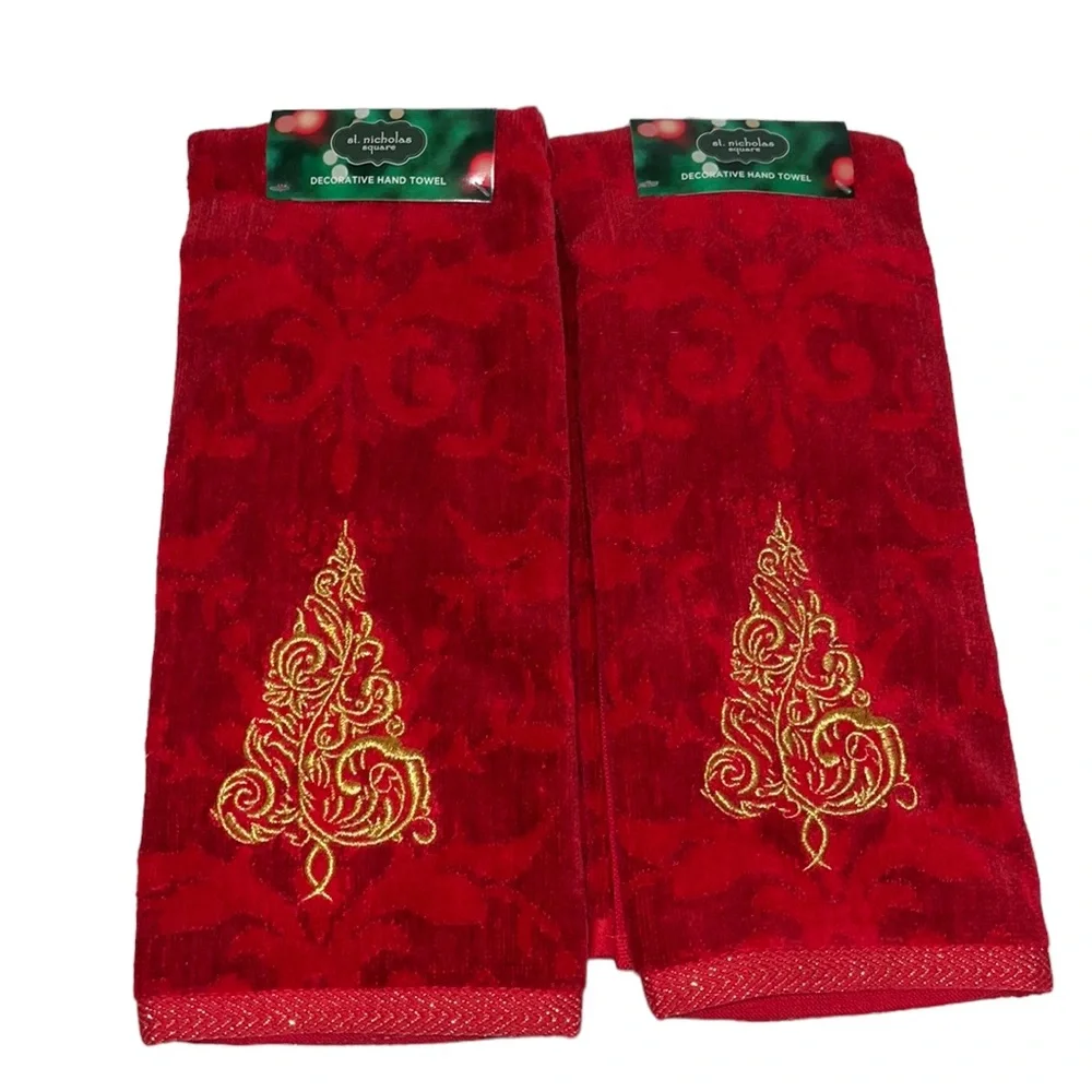 Red & Gold Christmas Tree Hand Towels~NWT~Set of 2~St. Nicholas Square